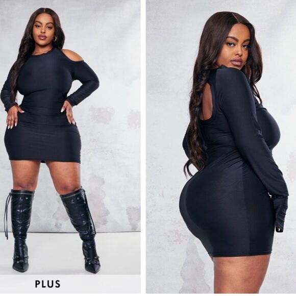 PrettyLittleThing Plus Black Slinky Long Sleeve Bodycon Dress Sz 22 NWT IN PKG - Picture 1 of 3